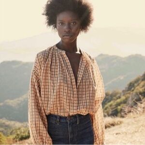 Doen Jane Blouse in Orange, Brown, and Cream Plaid